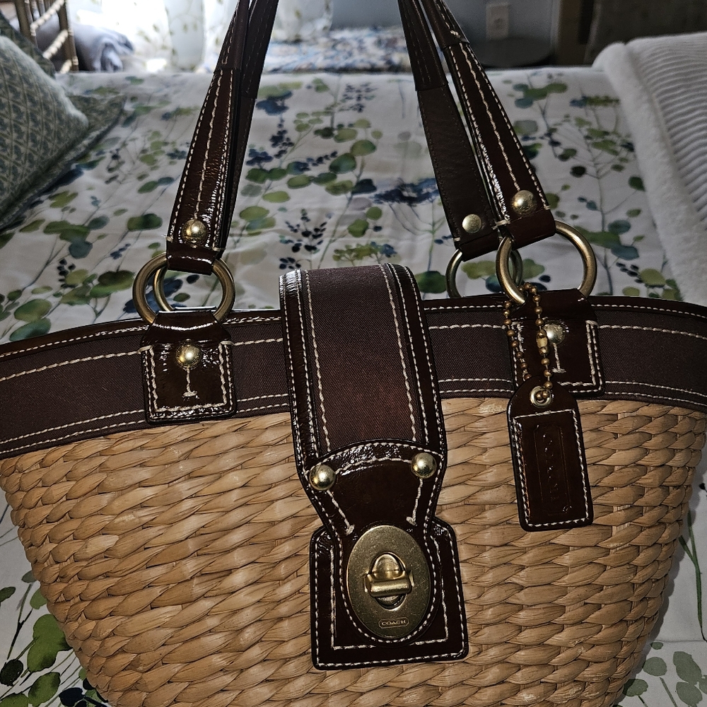 Coach Basket Tote Woven Straw Espresso Brown Leather Turn Lock